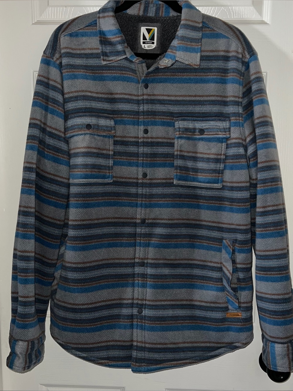 Voyager Olive Blue & Gray Plaid Sherpa Snap Button Down Jacket Men’s Size Large